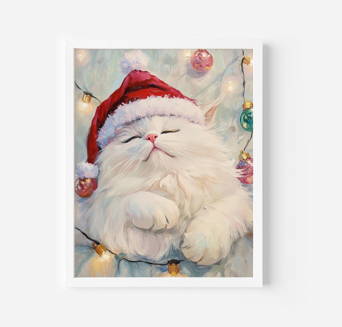 Fluffy White Cat Sleeping Peacefully In A Santa Hat Christmas Poster