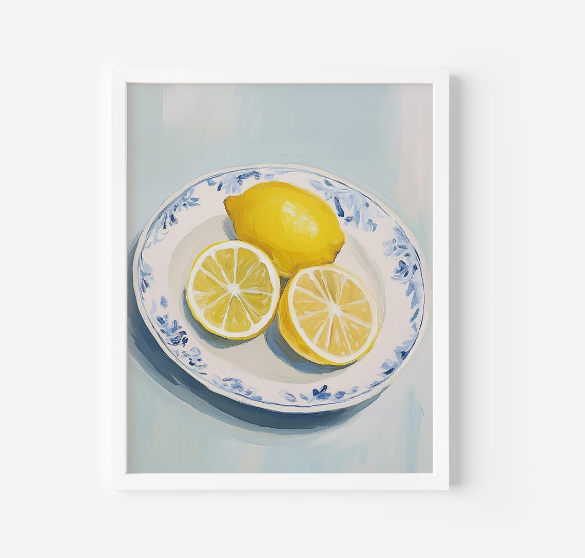 Fresh Lemons On Blue Floral Plate Sunny Kitchen Still Life Poster
