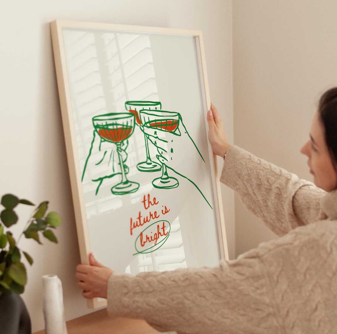 The Future Is Bright Print Champagne Toast Green Line Art Bar Wall Poster - Image 4