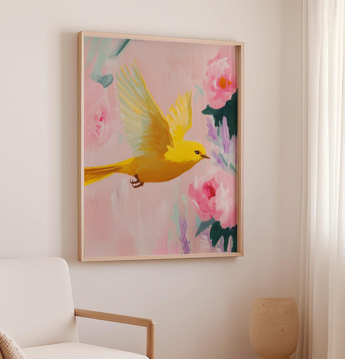 Yellow Songbird Flying Among Pink Flowers Vibrant Nature Art Poster - Image 2