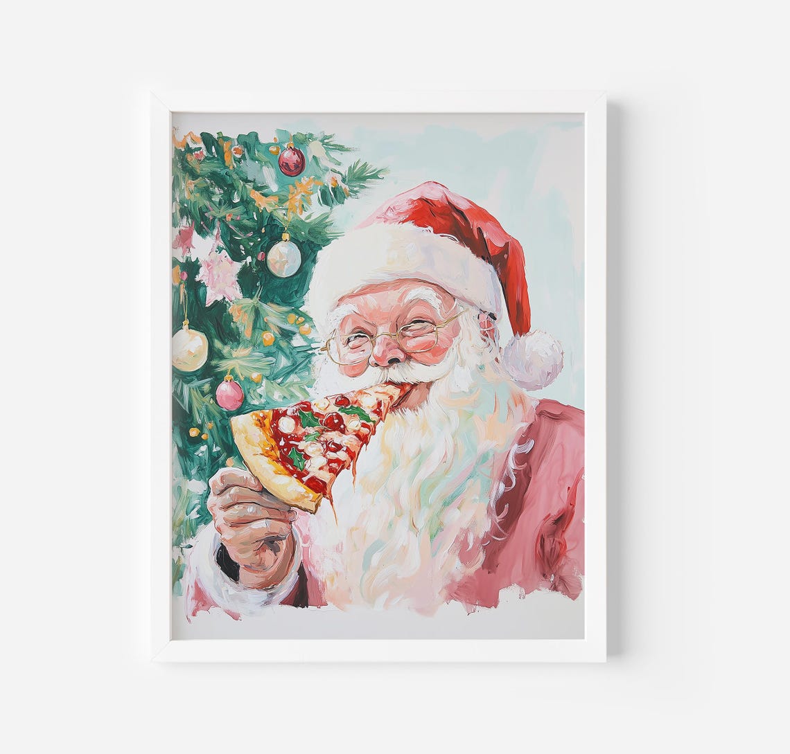 Santa Claus Eating Pizza Slice Funny Quirky Christmas Art Poster