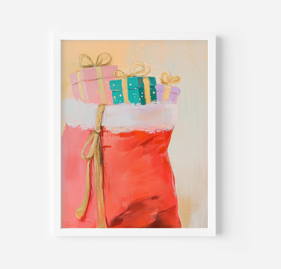 Christmas Wall Art Santa Sack Full Gifts Oil Painting Christmas Decor Santa Bag Of Toys Print Vintage Christmas Print