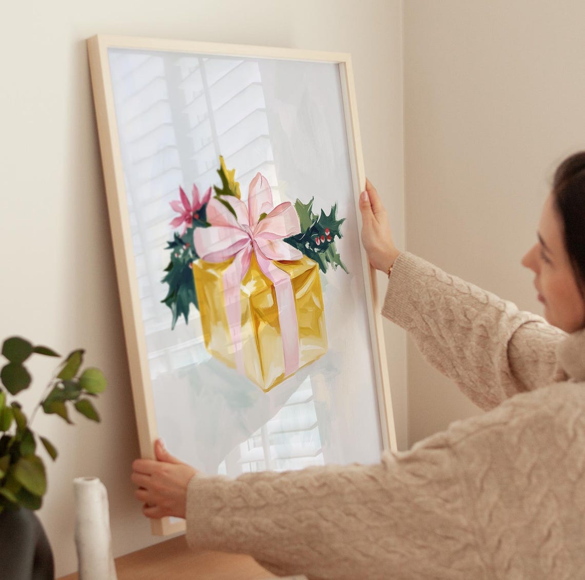Gold Gift Box With Pink Bow Holly And Poinsettia Christmas Poster - Image 3
