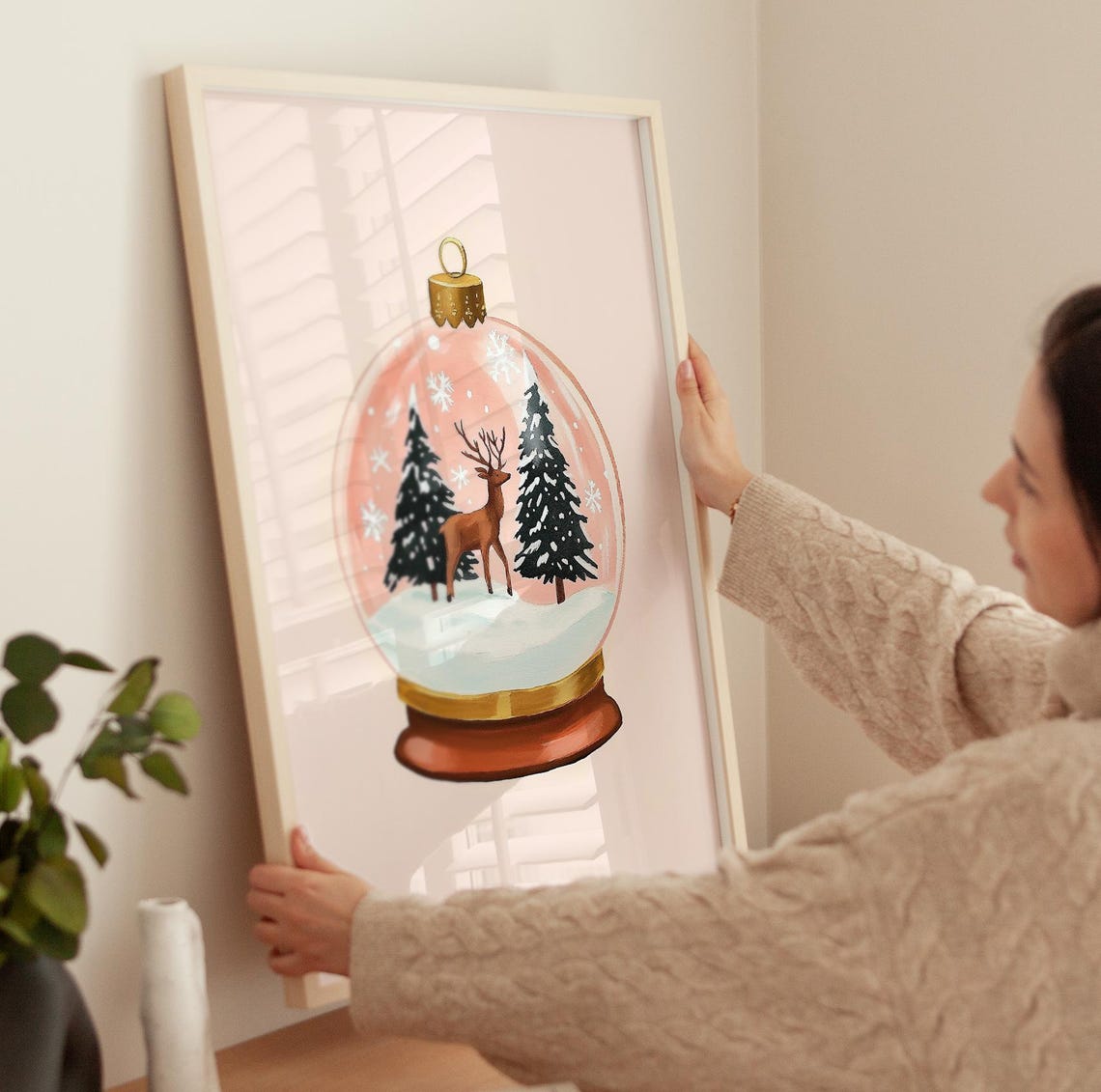 Pink Snow Globe With Deer And Pine Trees Blush Christmas Poster - Image 3