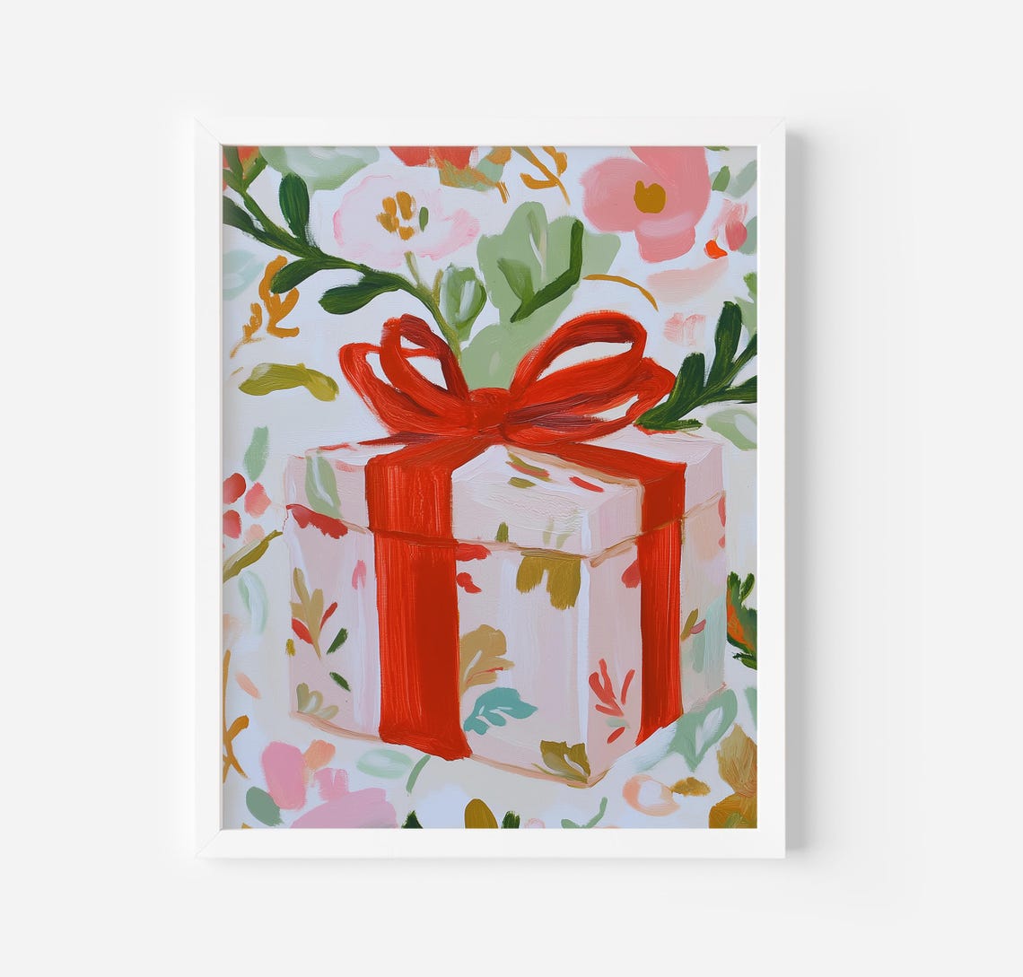 Wrapped Floral Gift Box Red Satin Ribbon Bow Botanical Art Poster