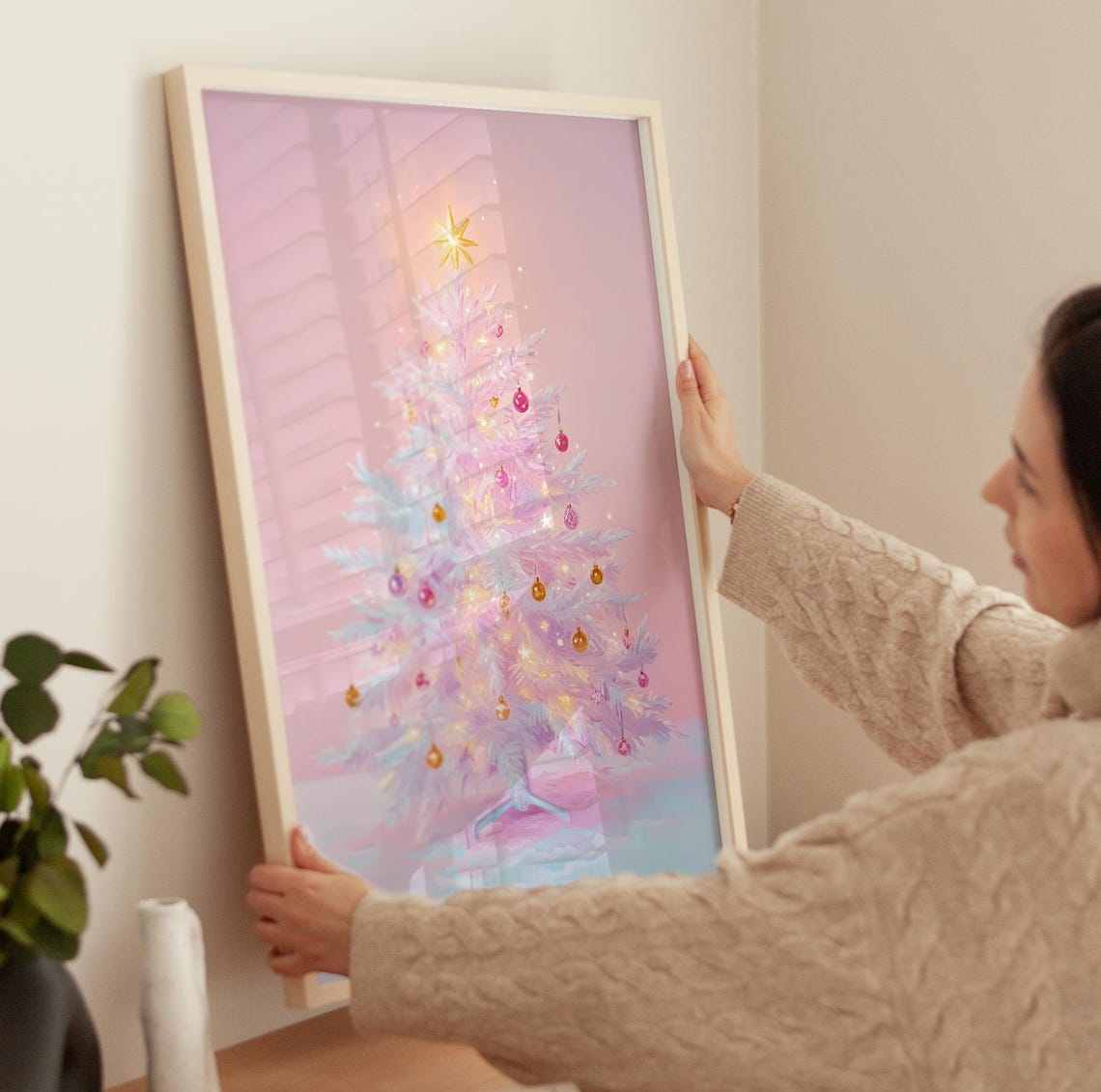 Pink Flocked Christmas Tree With Gold Ornaments Blush Poster - Image 3