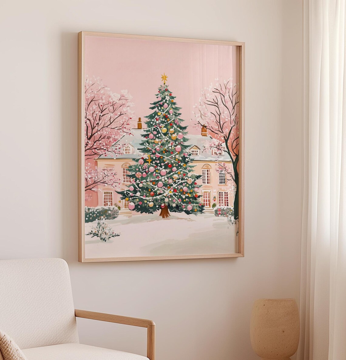Pink Christmas Tree Art Print, Cute Christmas Decor - Image 2