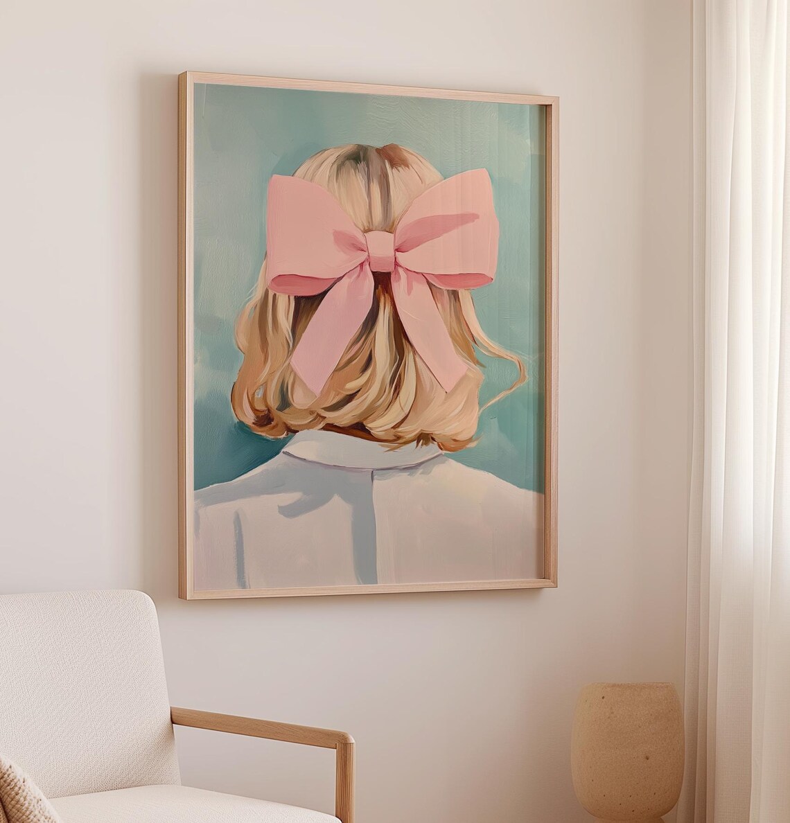 Blonde Girl With Big Pink Bow Back View Coquette Wall Art Poster - Image 3