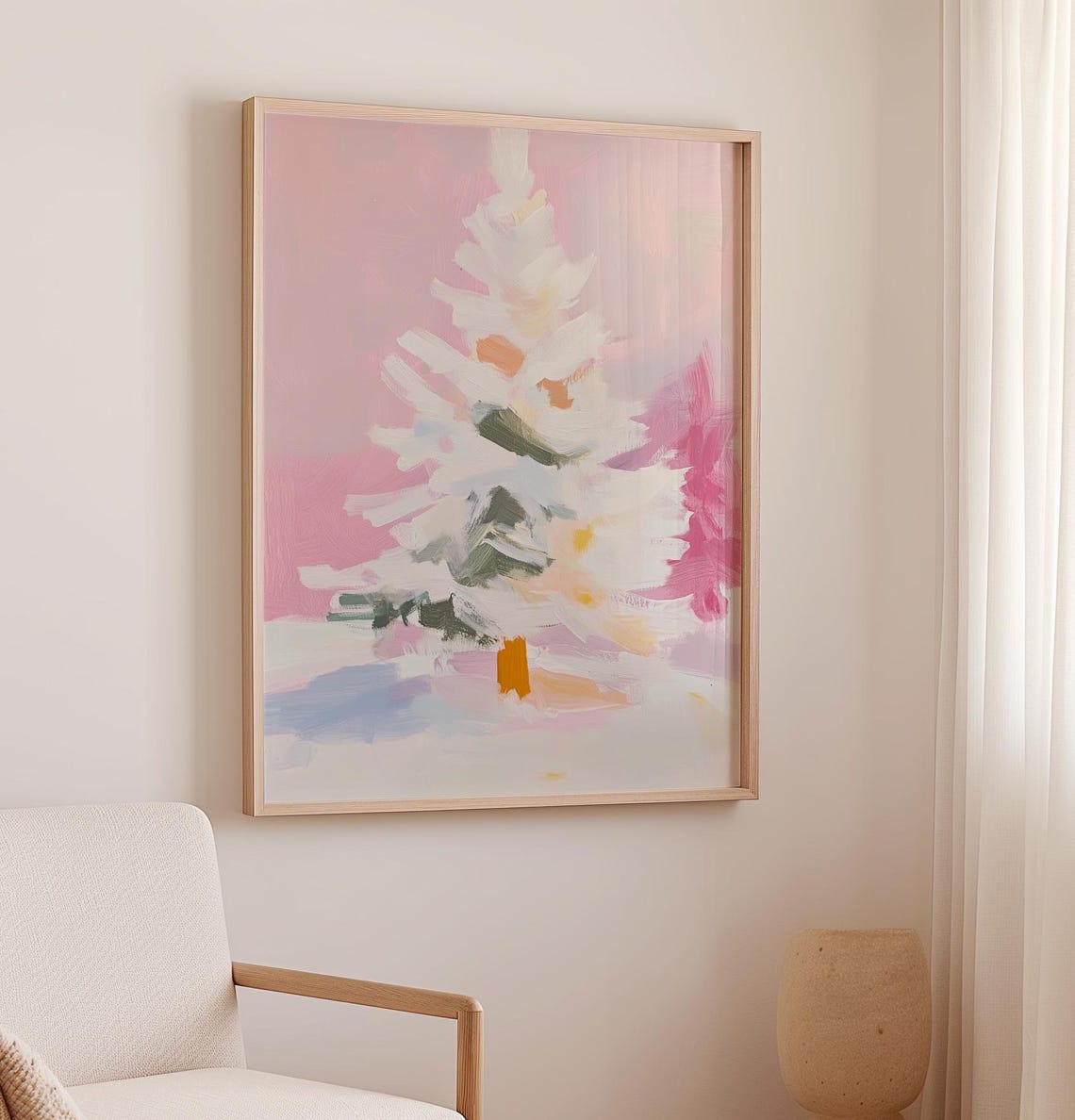 White Snowy Christmas Tree Oil Painting Pink Blush Winter Art Poster - Image 2