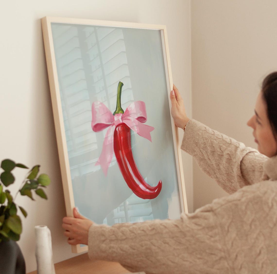 Red Chili Pepper With Pink Bow Quirky Kitchen Wall Art Poster - Image 4
