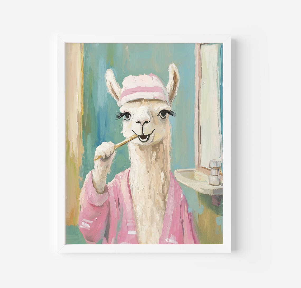 Llama Brushing Teeth in Pink Bathrobe Funny Bathroom Animal Art Poster