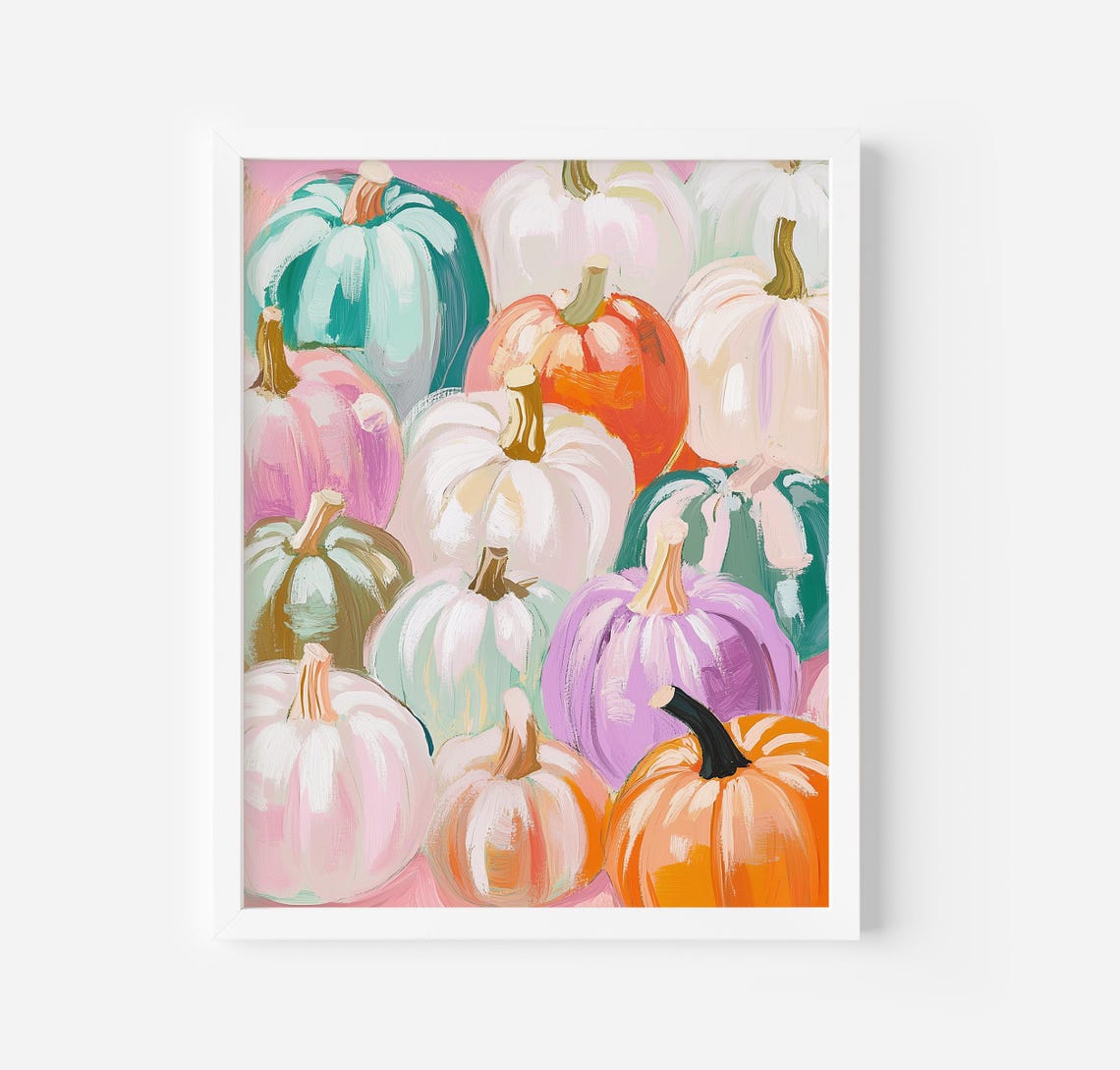 Pastel Pumpkins Patch Colorful Fall Harvest Watercolor Painting Poster