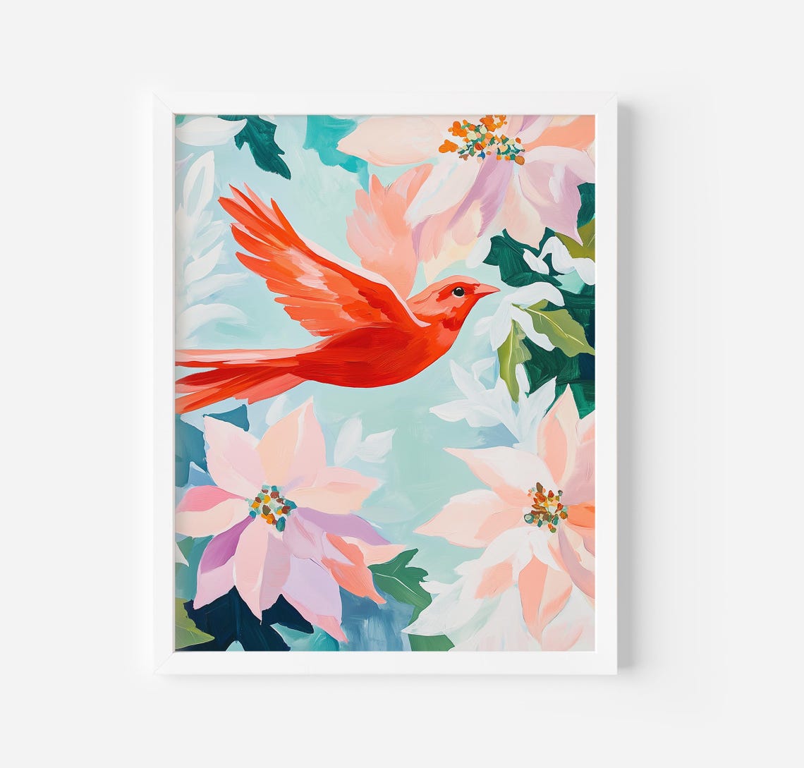 Red Bird Flying Through Pink Flowers Floral Wildlife Painting Poster