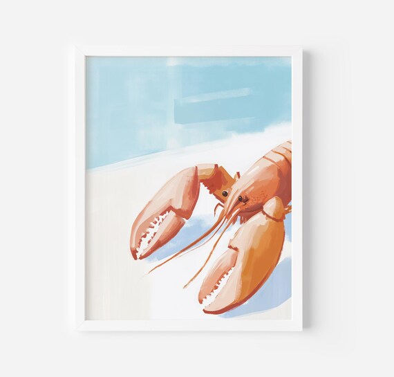 Lobster Coastal Seafood Pastel Blue Beach Kitchen Art Poster