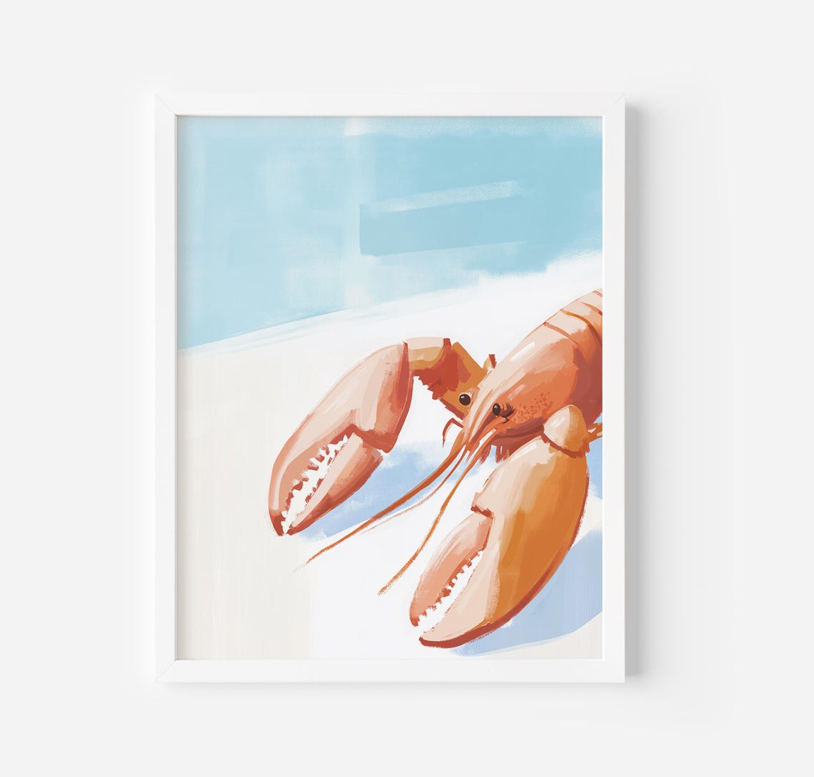 Lobster Coastal Seafood Pastel Blue Beach Kitchen Art Poster