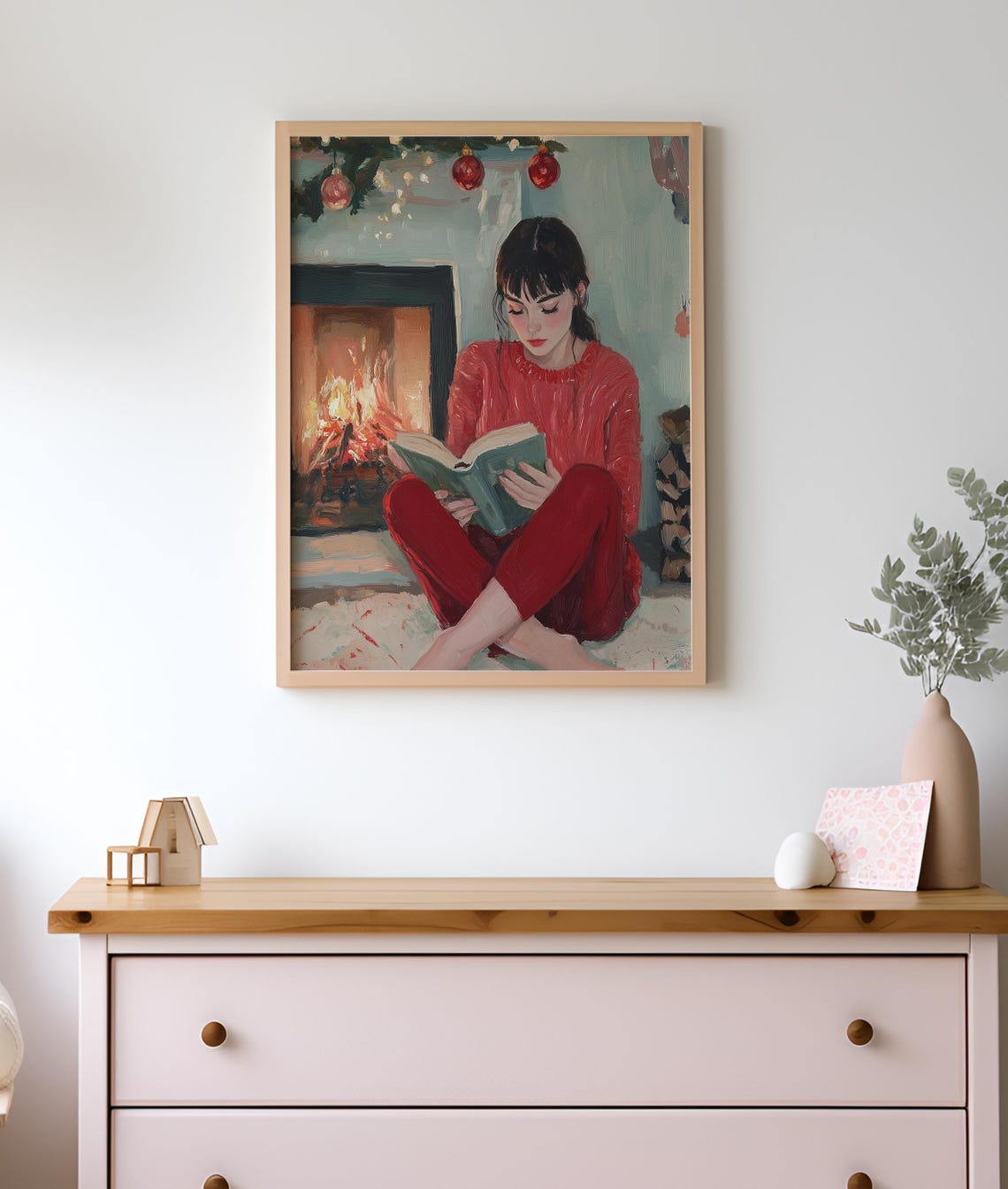 Girl Reading by Fireplace Cozy Christmas Book Nook Winter Poster - Image 2