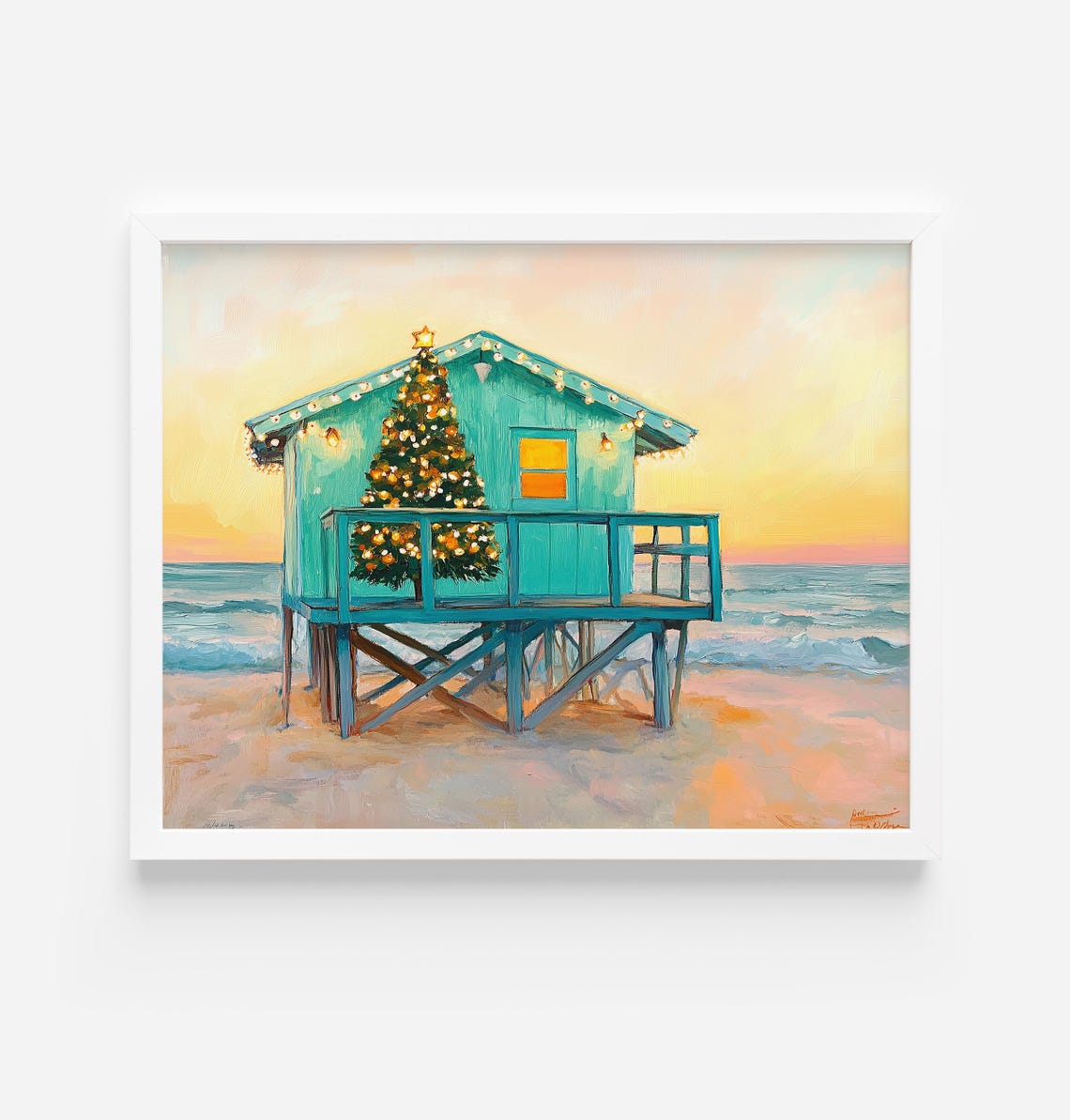 Teal Lifeguard Stand With Christmas Tree At Beach Sunset Art Poster