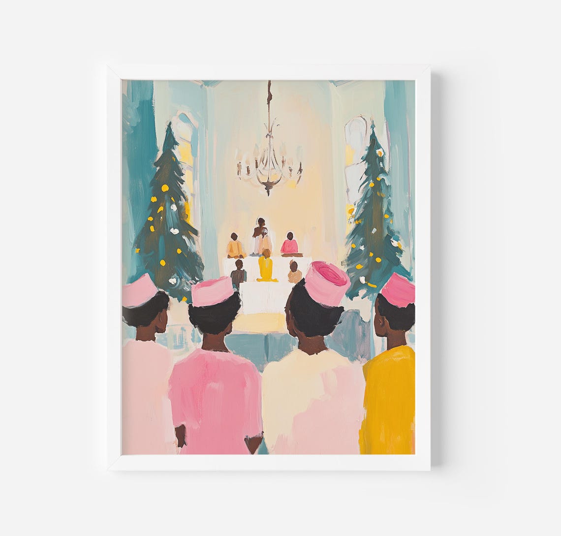 Girls In Christmas Church Painting Pink Christmas Print Winter Holiday Wall Art Girly Festive Print December Trees Art