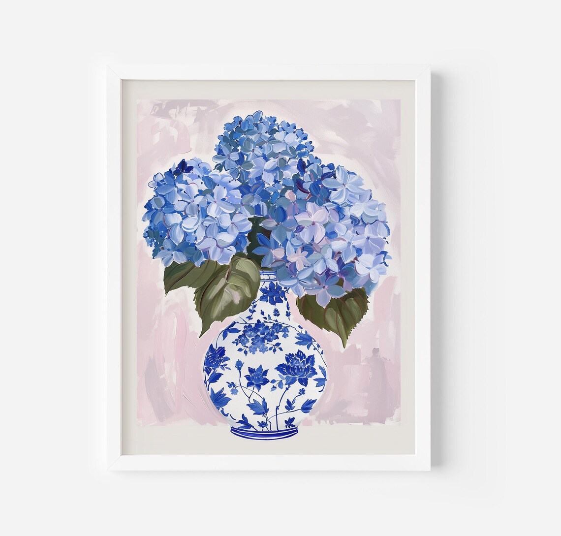Blue Hydrangea Art Print, Bohemian Farmhouse Decor