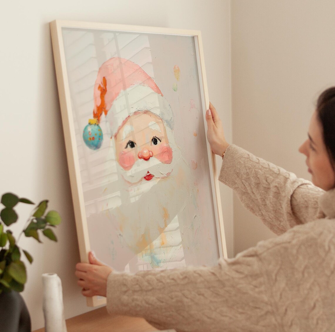 Pink Santa Claus Art Print, Pastel Christmas Decor - Image 3