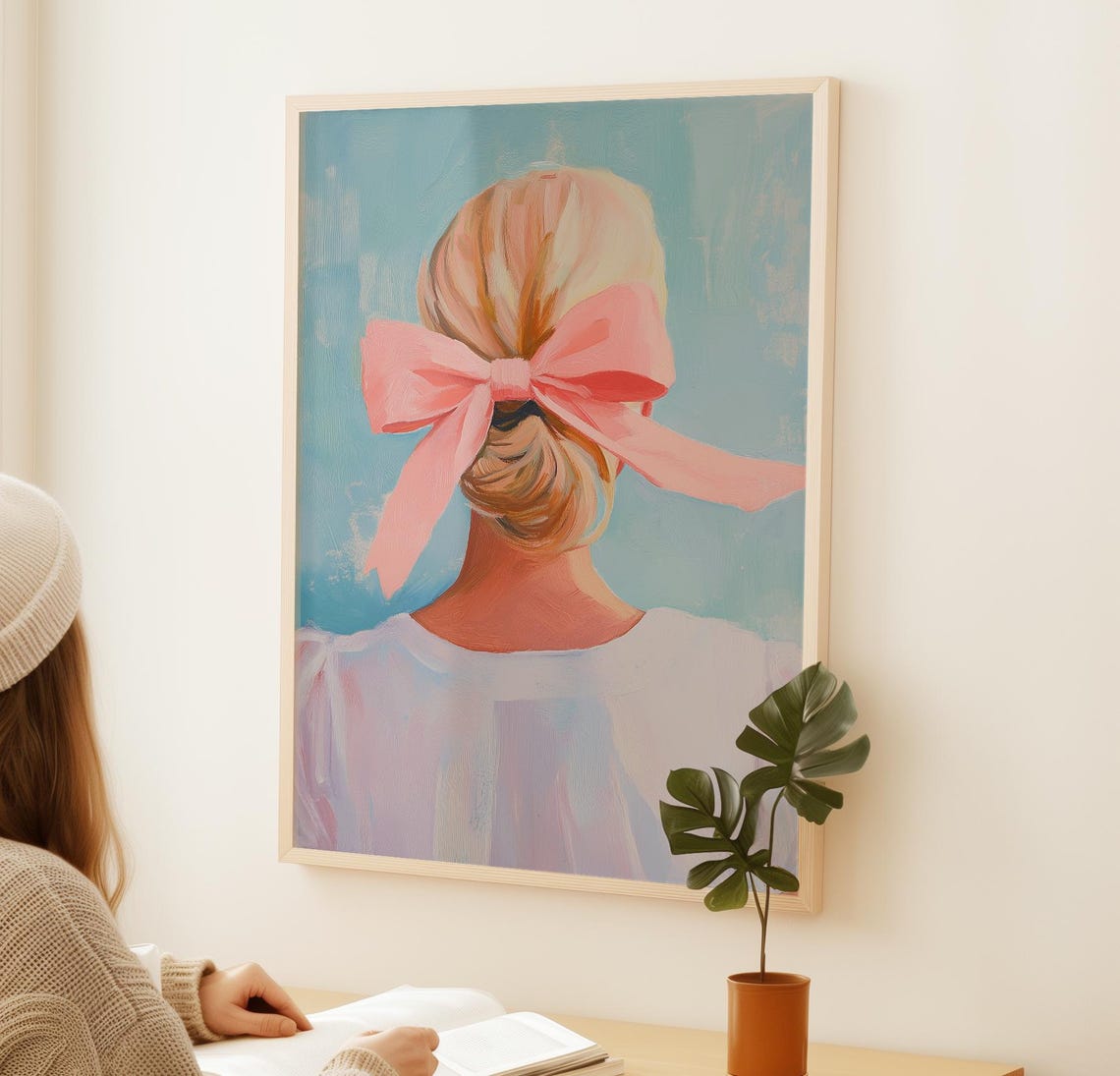 Blonde Girl Low Bun With Pink Bow Back View Coquette Art Poster - Image 2
