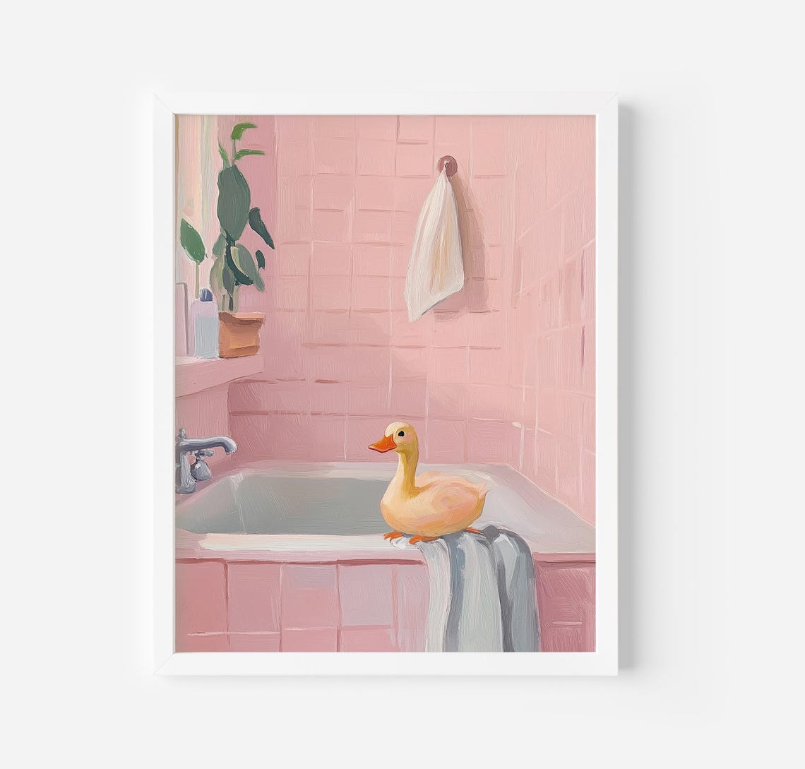 Cute Duck Sitting on Pink Bathtub Edge Funny Bathroom Art Poster