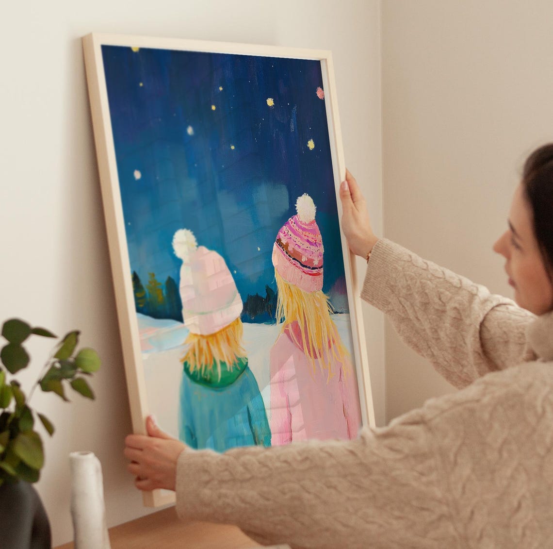 Two Sisters Watching Snowy Night Sky Winter Sisters Painting Poster - Image 3
