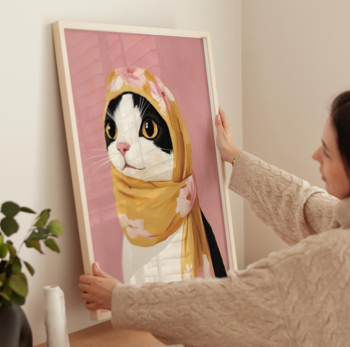Cute Cat Babushka Art Print, Trendy Cat Painting - Image 3