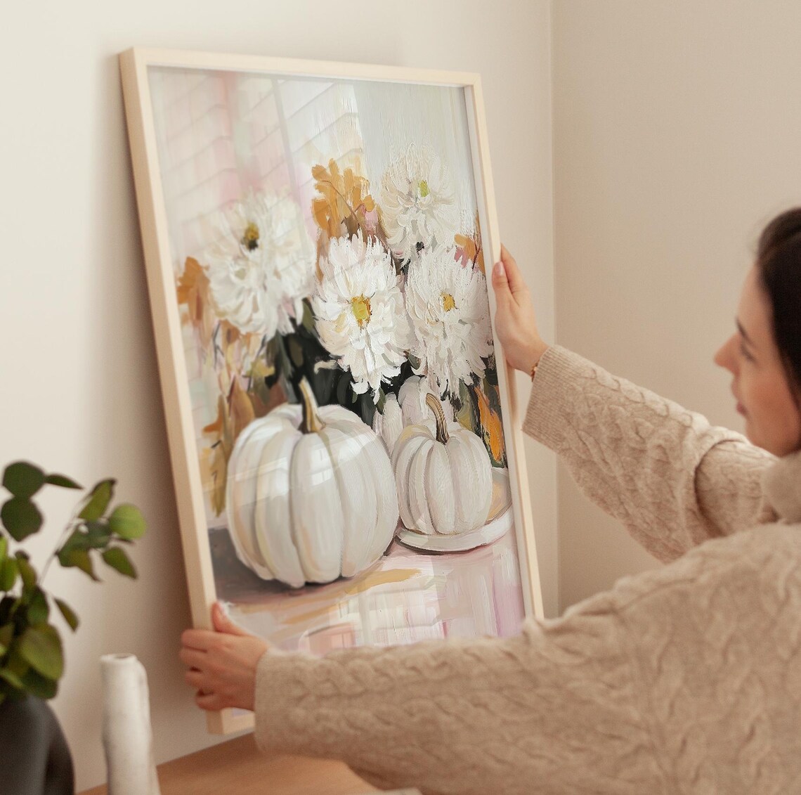 White Pumpkin And Chrysanthemum Blush Pink Autumn Still Life Poster - Image 3