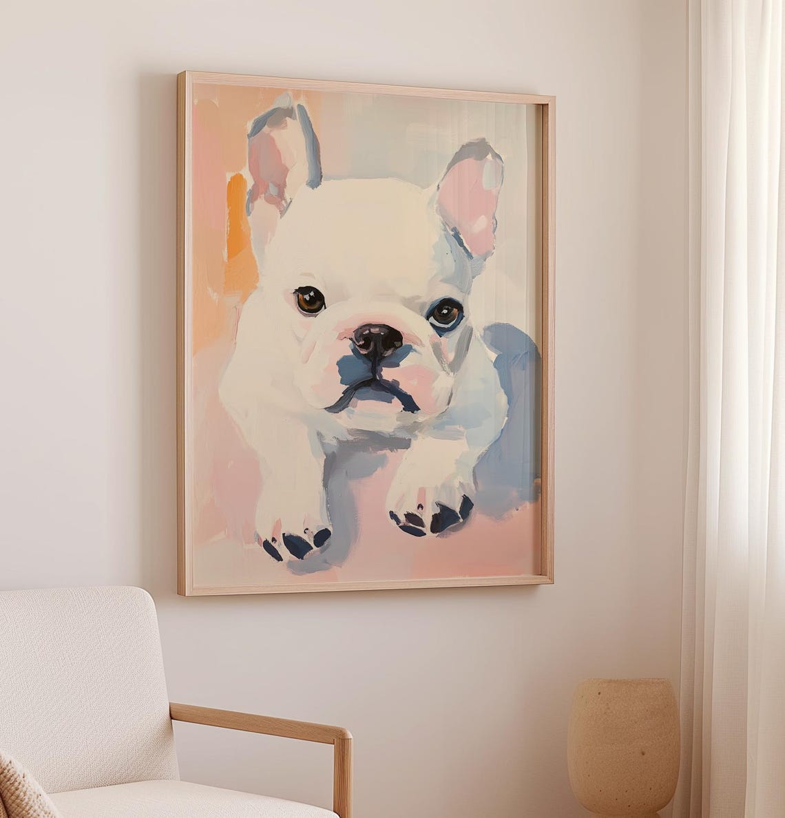 Baby French Bulldog Art Print White French Bulldog Cute French Bulldog Mom Gift Nursery Wall Decor Oil Painting Trendy Prints - Image 2