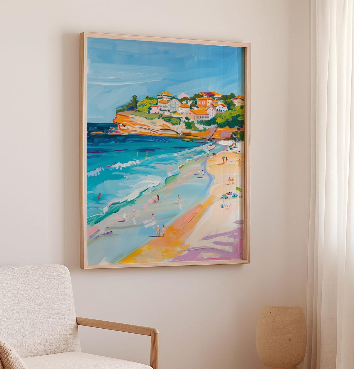 Coastal Cliffside Town Beach Scene Summer Travel Painting Poster - Image 2