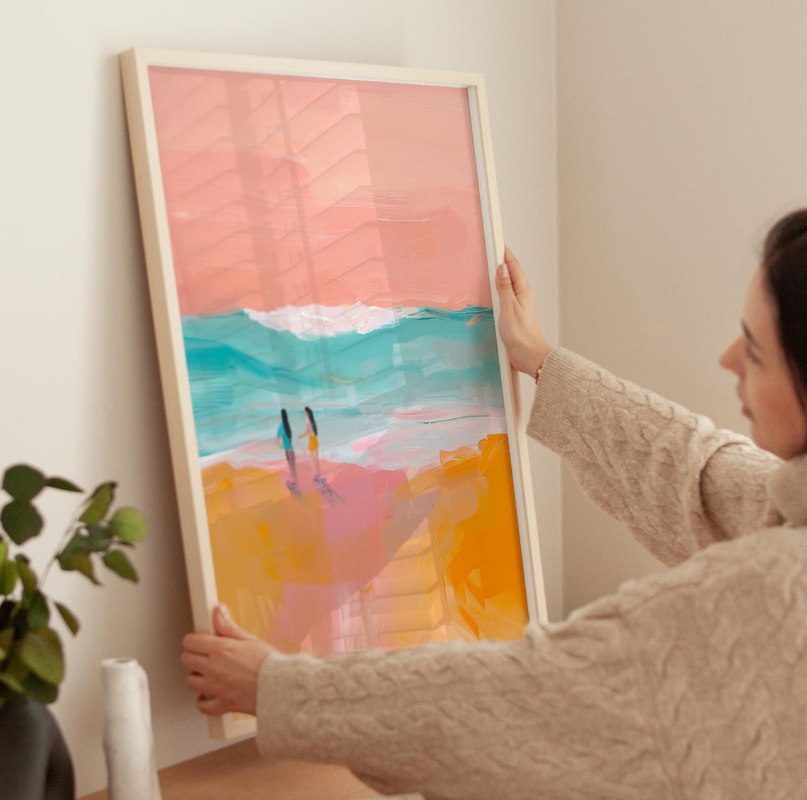 Breezy Two Friends At Sunrise Beach Abstract Pastel Ocean Poster - Image 3