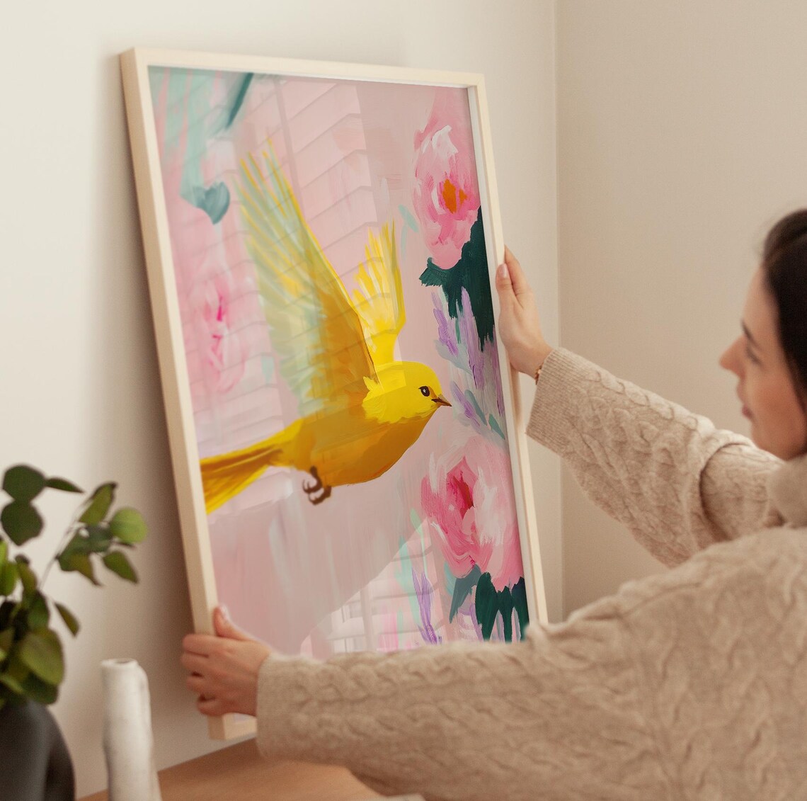 Yellow Songbird Flying Among Pink Flowers Vibrant Nature Art Poster - Image 3