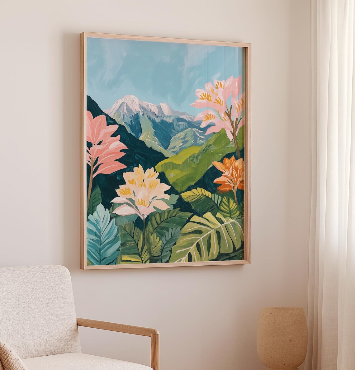 Tropical Landscape Art Print, Pastel Tree Mountain - Image 2