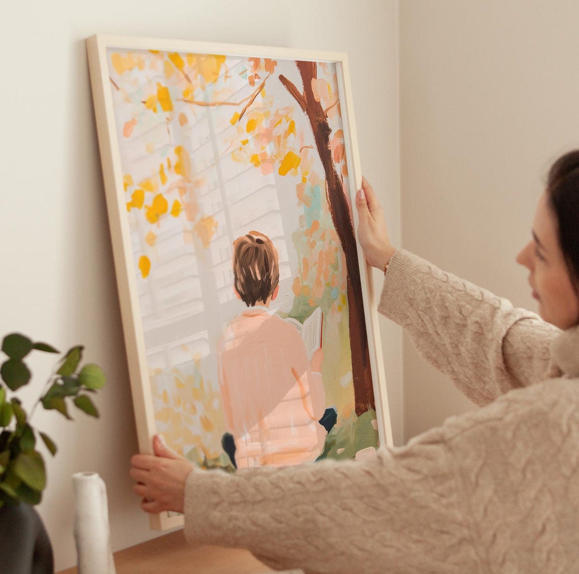 Boy Reading Under A Tree Autumn Leaves Book Lover Painting Poster - Image 3