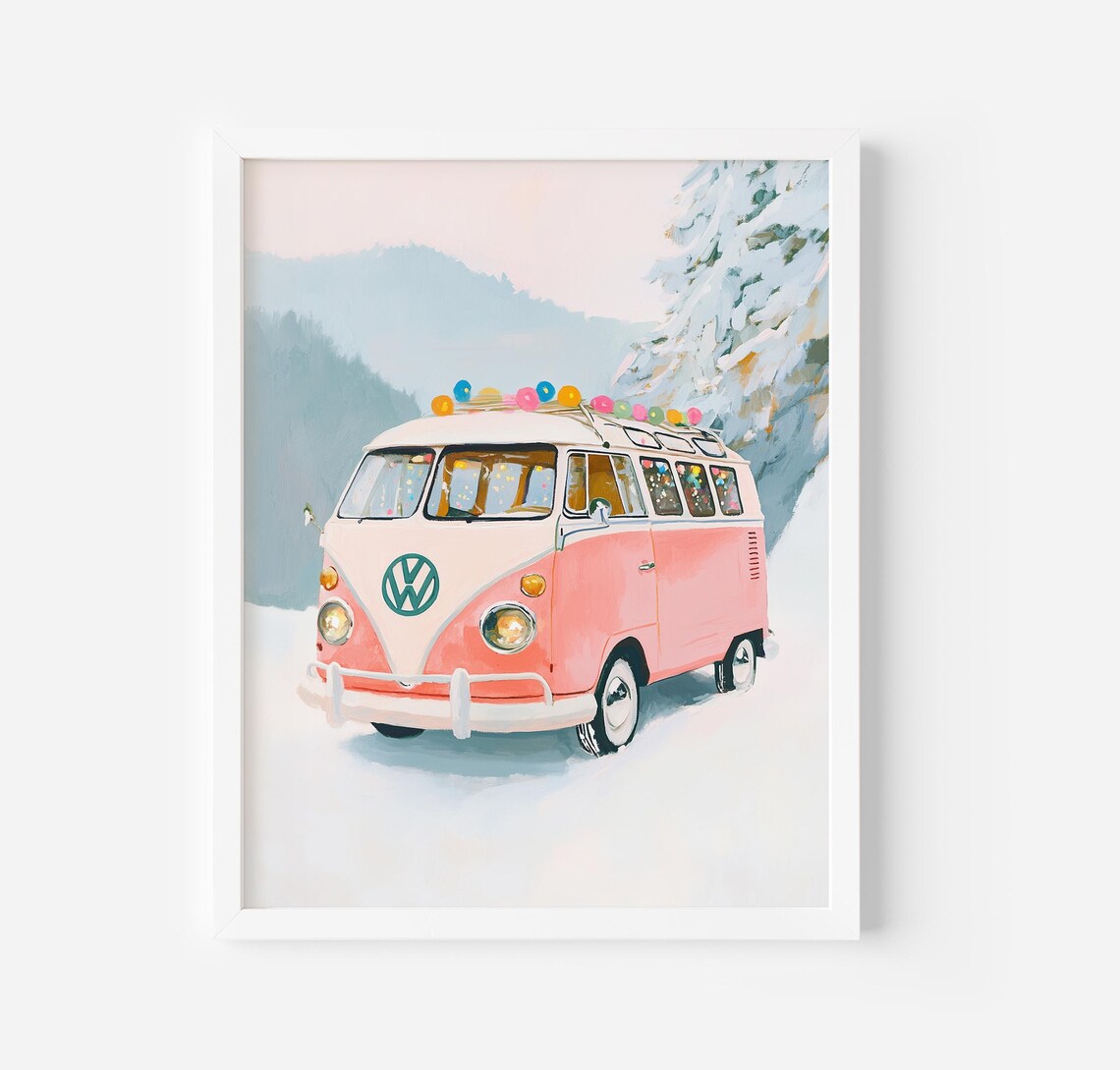 Christmas Van Print, Retro Groovy Boho Decor