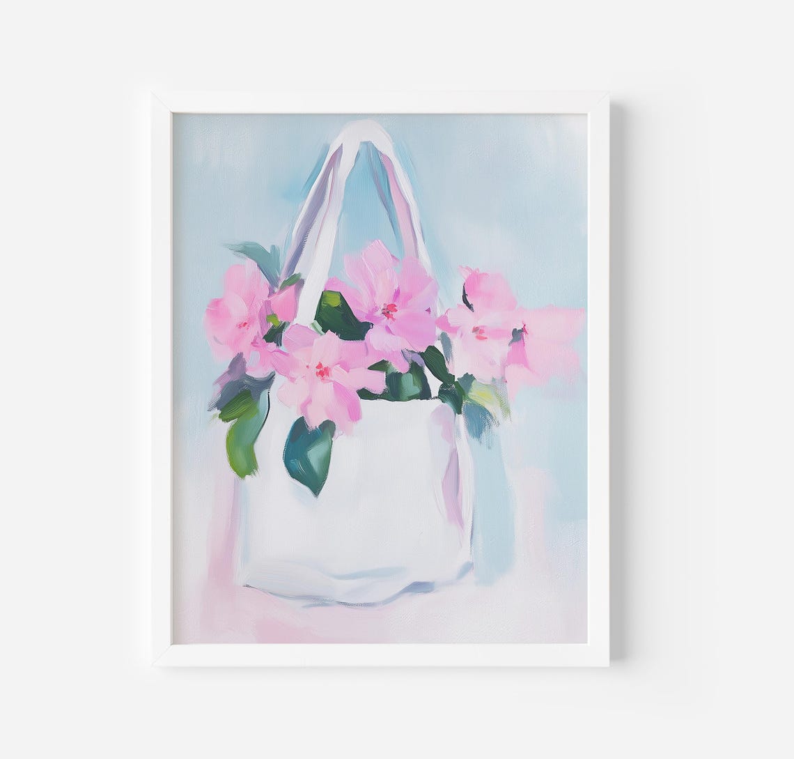 Pink Flowers in White Tote Bag Soft Floral Still Life Poster