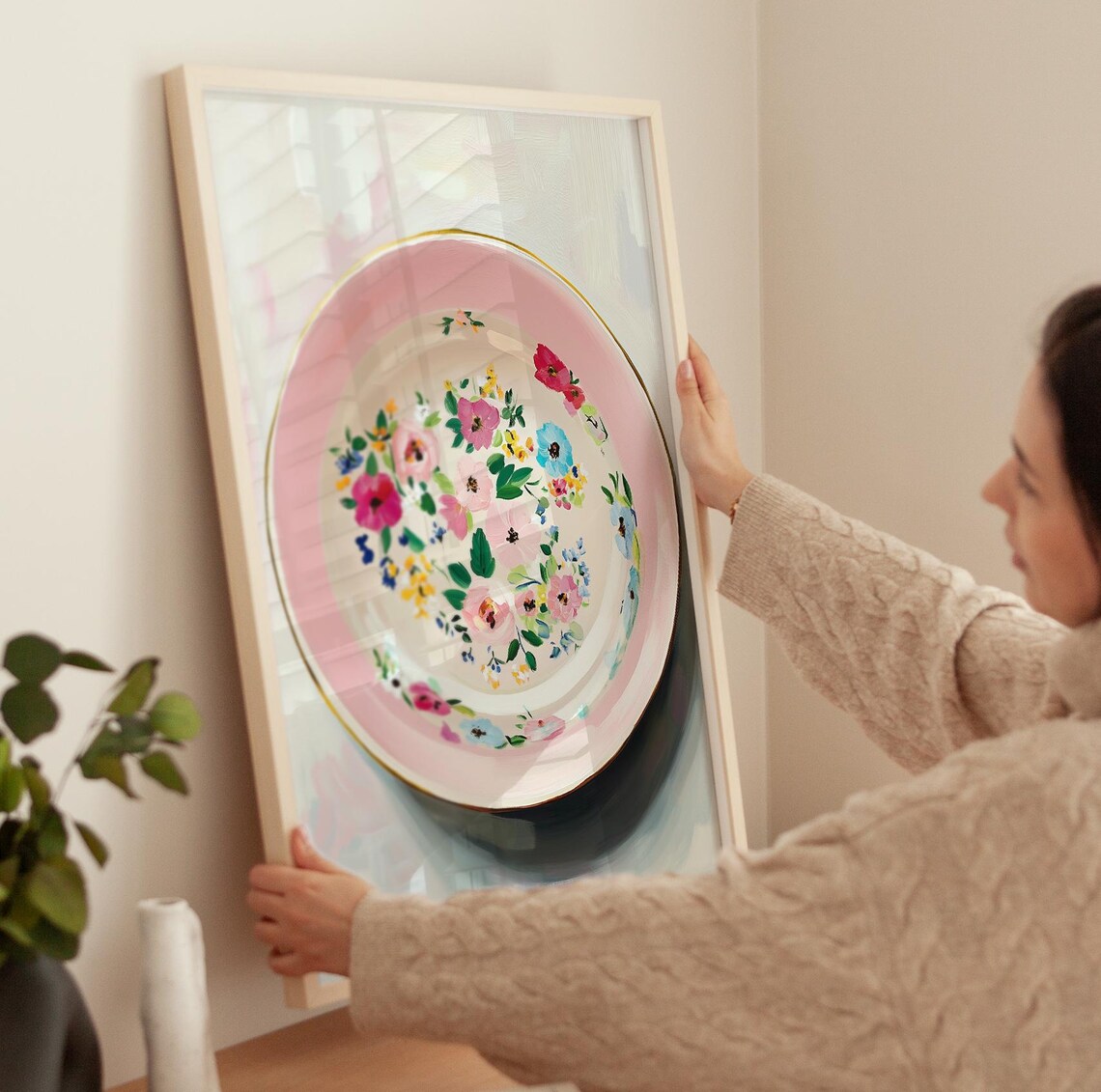 Pink Floral Painted Bowl Wildflower Centerpiece Soft Art Print Poster - Image 4