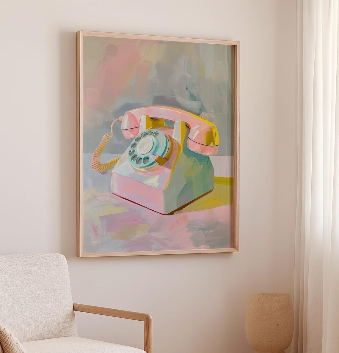 Retro Pink Rotary Telephone Minimalist Painting Home Office Poster - Image 2