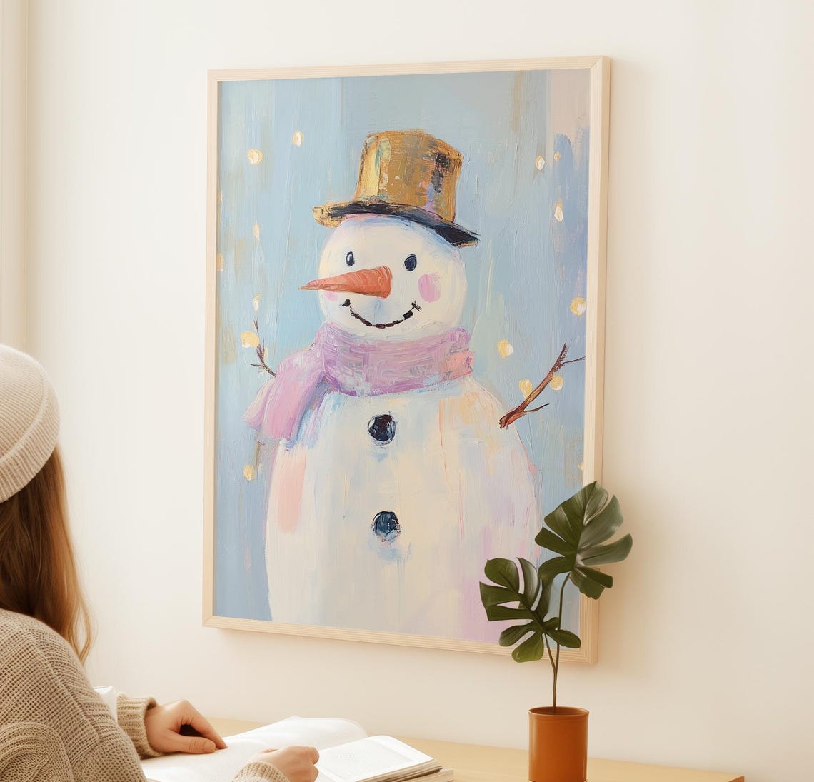 Cute Cheerful Snowman Gold Top Hat Pink Scarf Winter Art Poster - Image 3