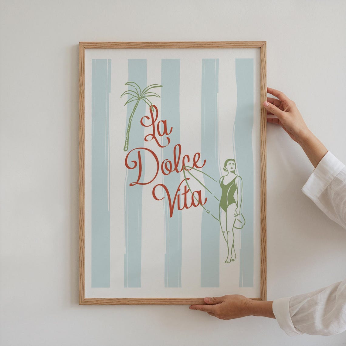 La Dolce Vita Surfer Girl Poster Retro Coastal Palm Stripe Wall Art