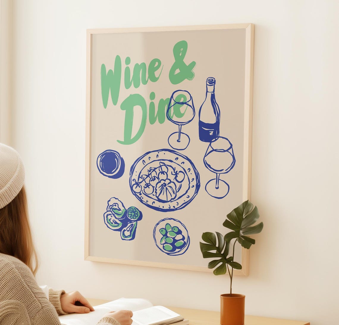 Wine and Dine Green Script Oyster Pasta Dinner Blue Line Art Poster - Image 3