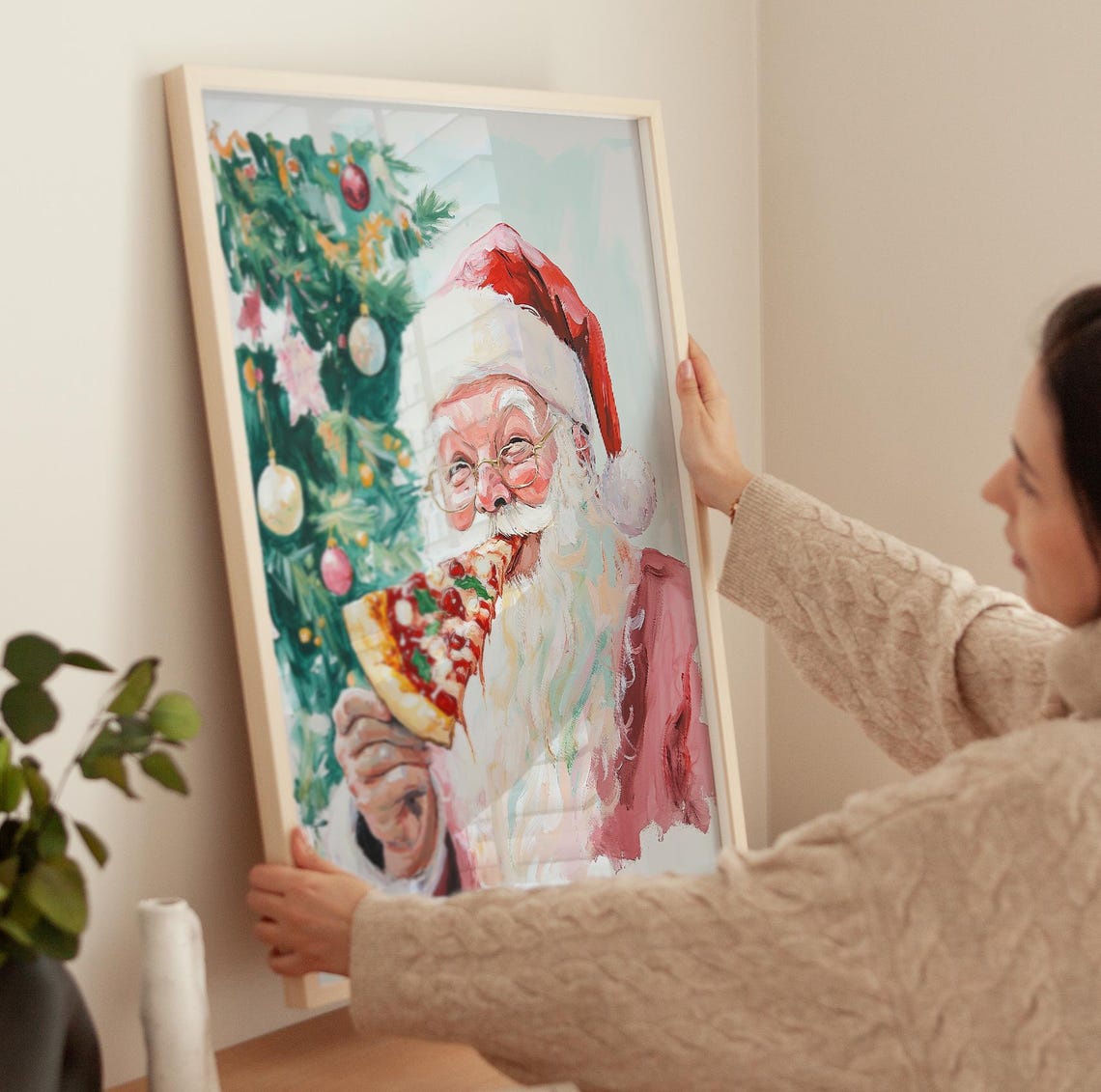 Santa Claus Eating Pizza Slice Funny Quirky Christmas Art Poster - Image 3