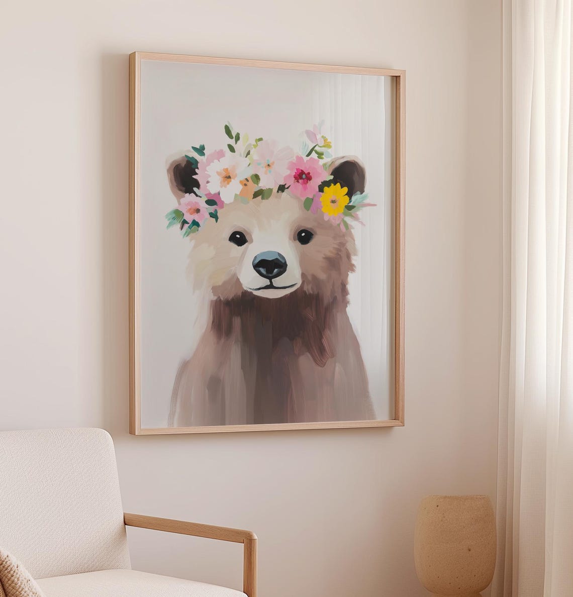 Cute Baby Bear Portrait With A Pastel Floral Crown Nursery Poster - Image 2