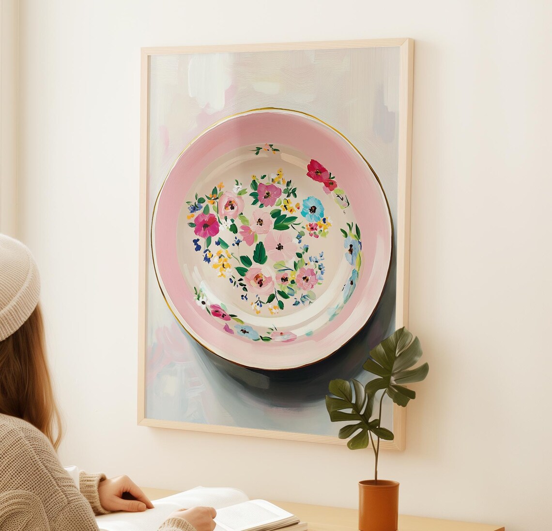 Pink Floral Painted Bowl Wildflower Centerpiece Soft Art Print Poster - Image 2