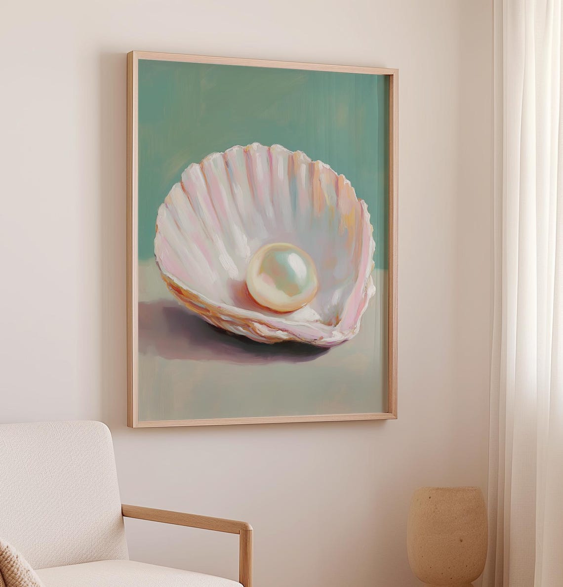 Elegant Pearl In Oyster Shell Coastal Still Life Wall Art Poster - Image 3