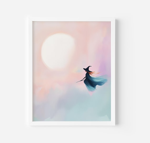 Witch Flying At Sunset Painting Pink Halloween Wall Art French Style Spooky Cute Acrylic Painting Girls Room Witchy Art