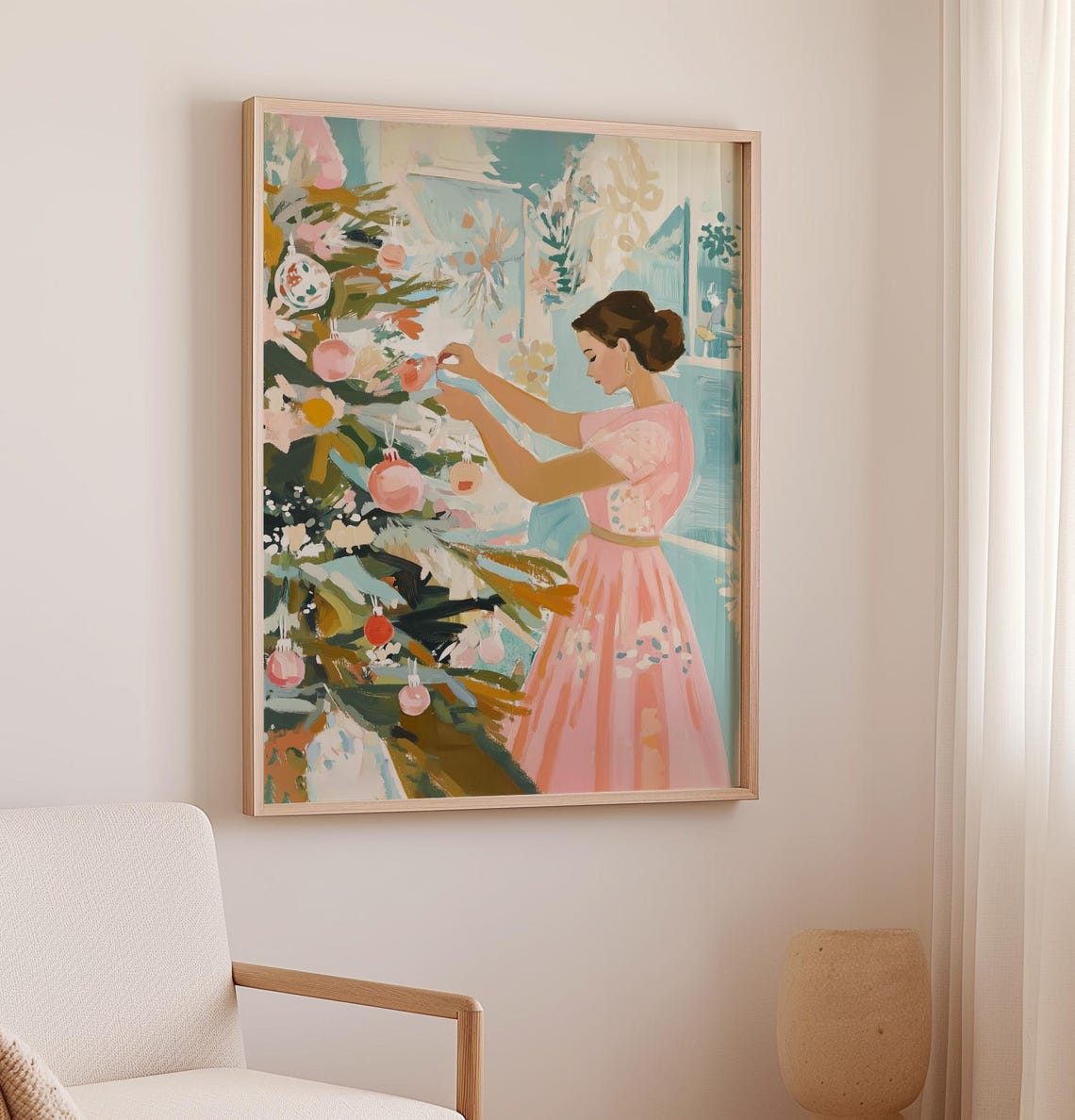 Woman In Pink Dress Hanging Ornaments On Christmas Tree Poster - Image 2