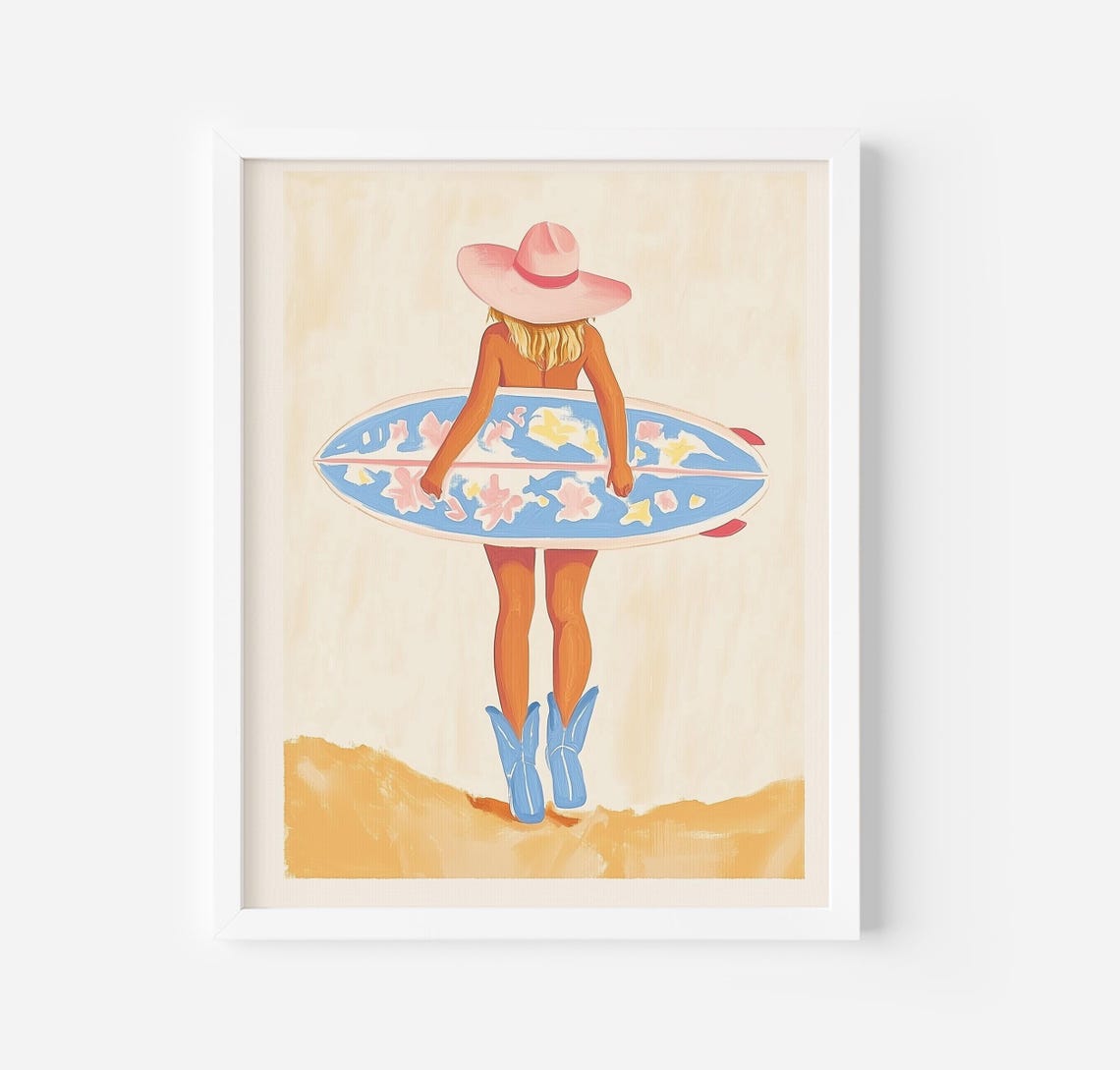 Coastal Blonde Cowgirl Print Surfer Cowgirl Wall Art Retro Western Decor Preppy Trendy Wall Art Cowboy Dorm Poster Summer House Decor - Image 3