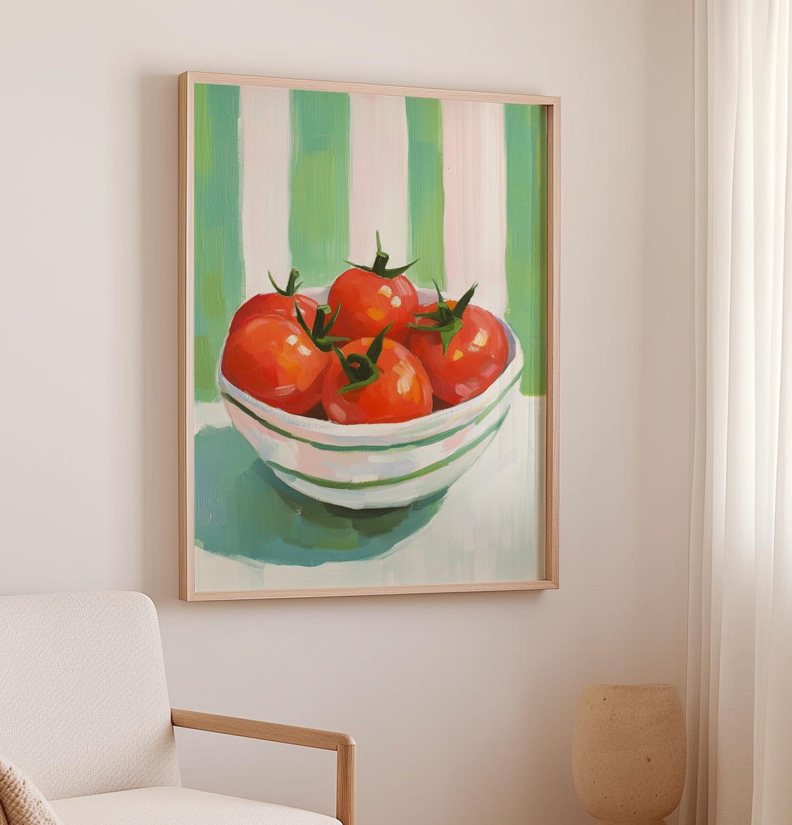 Red Tomatoes In Striped Bowl On Green Stripes Kitchen Art Poster - Image 2